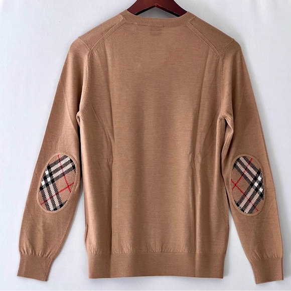 Burberry Wool Sweater with Check Elbow Patches in Camel - Picture 2 of 10